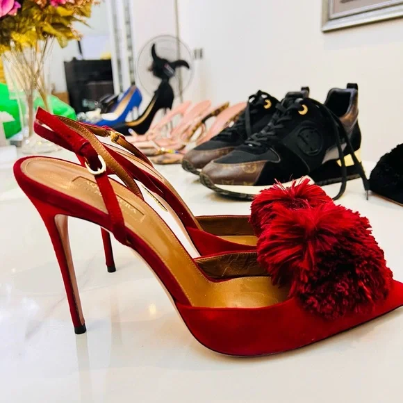 Aquazzura Red Pom Pom Heels - Picture 6 of 14
